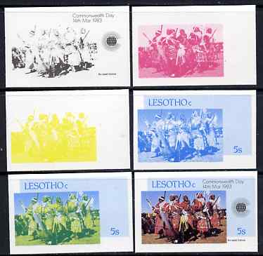 Lesotho 1983 Ba-Leseli Dance 5s (from Commonwealth Day set) the set of 6 imperf progressive proofs comprising the 4 individual colours plus 2 and all 4-colour composite, unmounted mint, only 36 such sets believed to exist, as SG536, stamps on , stamps on  stamps on dances, stamps on  stamps on dancing