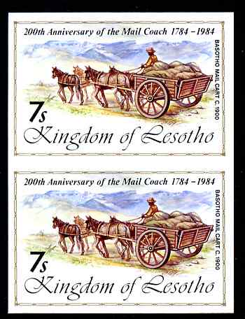 Lesotho 1984 Basuto Mail Cart 7s (from 'Ausipex' Stamp Exhibition set) imperf pair unmounted mint as SG 600, stamps on postal, stamps on transport, stamps on stamp exhibitions, stamps on mail coaches, stamps on horse drawn, stamps on wild west, stamps on horses