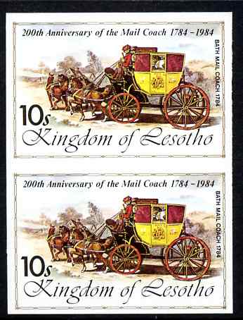 Lesotho 1984 Bath Mail Coach 10s (from Ausipex Stamp Exhibition set) imperf pair unmounted mint as SG 601, stamps on postal, stamps on transport, stamps on stamp exhibitions, stamps on mail coaches, stamps on horse drawn, stamps on wild west, stamps on horses