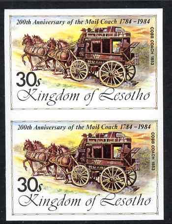 Lesotho 1984 Cobb Coach 30s (from 'Ausipex' Stamp Exhibition set) imperf pair unmounted mint as SG 602, stamps on postal, stamps on transport, stamps on stamp exhibitions, stamps on mail coaches, stamps on horse drawn, stamps on wild west, stamps on horses