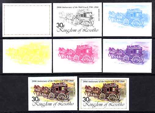 Lesotho 1984 Cobb Coach 30s (from 'Ausipex' Stamp Exhibition set) the set of 8 imperf progressive proofs comprising the 5 individual colours plus 2, 4 and all 5-colour composites, scarce with only 28 proof sets believed to exist, as SG 602, stamps on , stamps on  stamps on postal, stamps on  stamps on transport, stamps on  stamps on stamp exhibitions, stamps on  stamps on mail coaches, stamps on  stamps on horse drawn, stamps on  stamps on wild west, stamps on  stamps on horses