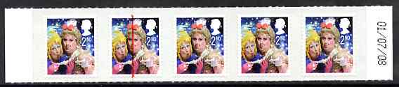 Great Britain 2008 Christmas 2nd class self adhesive strip of 5 (Ugly Sisters) with fine Doctor Blade flaw down stamp 2, as SG 2876, stamps on christmas, stamps on pantomime, stamps on fairy tales