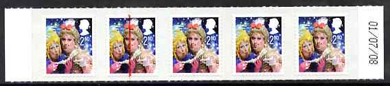 Great Britain 2008 Christmas 2nd class self adhesive strip of 5 (Ugly Sisters) with fine Doctor Blade flaw down stamp 2, as SG 2876, stamps on , stamps on  stamps on christmas, stamps on  stamps on pantomime, stamps on  stamps on fairy tales