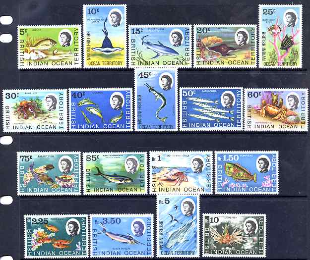 British Indian Ocean Territory 1968-70 Marine Life definitive set complete 18 values unmounted mint, SG 16-30, stamps on marine life, stamps on fish