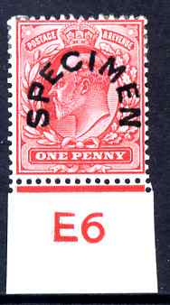 Great Britain 1902-11 KE7 1d overprinted with horseshoe SPECIMEN (type 17) fine mounted mint marginal with E6 control, SG spec M5u cat 00 as normal specimen, controls hav..., stamps on , stamps on  ke7 , stamps on 