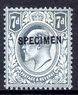 Great Britain 1902-11 KE7 7d grey-black overprinted with SPECIMEN (type 26) fine mounted mint, SG spec M38s (ex NPM archives) cat A3250, stamps on , stamps on  stamps on , stamps on  stamps on  ke7 , stamps on  stamps on 