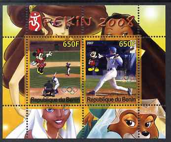 Benin 2007 Beijing Olympic Games #21 - Baseball (5) perf s/sheet containing 2 values (Disney characters in background) unmounted mint. Note this item is privately produced and is offered purely on its thematic appeal, stamps on , stamps on  stamps on sport, stamps on  stamps on olympics, stamps on  stamps on disney, stamps on  stamps on baseball