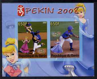 Benin 2007 Beijing Olympic Games #08 - Baseball (2) imperf s/sheet containing 2 values (Disney characters in background) unmounted mint. Note this item is privately produced and is offered purely on its thematic appeal, stamps on , stamps on  stamps on sport, stamps on  stamps on olympics, stamps on  stamps on disney, stamps on  stamps on baseball