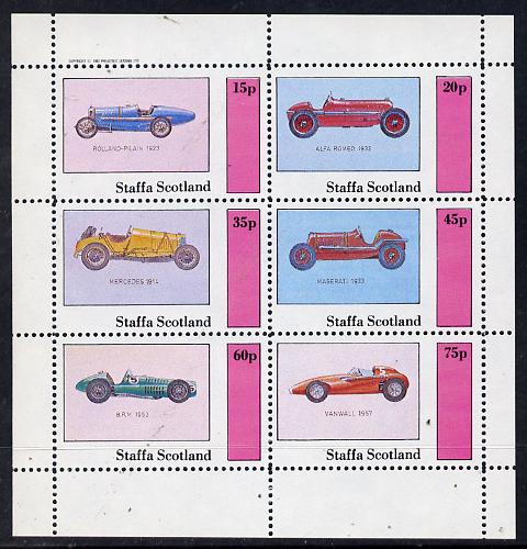 Staffa 1982 Early Racing Cars (Rolland-Pilain, Maserati, Mercedes etc) perf set of 6 values (15p to 75p) unmounted mint, stamps on cars    racing cars    sport    rolland pilain   brm   alfa romeo     mercedes    maserati    vanwall