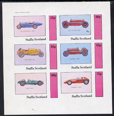 Staffa 1982 Early Racing Cars (Rolland-Pilain, Maserati, Mercedes etc) imperf  set of 4 values (15p to 75p) unmounted mint, stamps on , stamps on  stamps on cars    racing cars    sport    rolland pilain   brm   alfa romeo     mercedes    maserati    vanwall