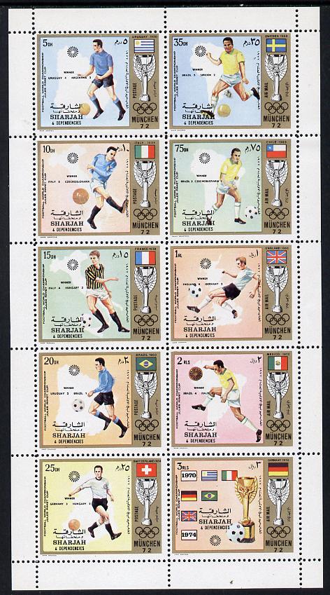 Sharjah 1972 Football (Jules Rimet Cup) perf set of 10 unmounted mint, Mi 1142-51A, stamps on , stamps on  stamps on football, stamps on  stamps on sport, stamps on  stamps on flags, stamps on  stamps on maps