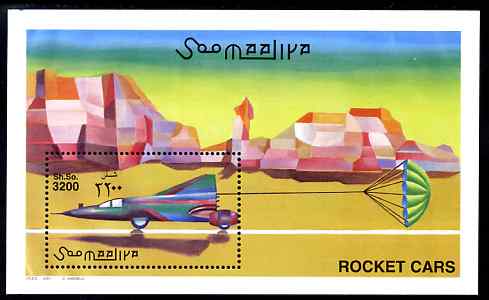 Somalia 2001 Rocket Cars perf m/sheet unmounted mint. Note this item is privately produced and is offered purely on its thematic appeal Michel BL 75, stamps on , stamps on  stamps on cars, stamps on  stamps on parachutes