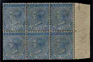 Bermuda 1883-1904 QV 2d blue wmk Crown CA marginal block of 6 mounted mint but slight signs of ageing, SG25