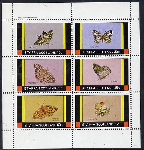 Staffa 1982 Butterflies (Swallowtail, Monarch, Orange Tip, etc) perf set of 6 values (15p to 75p) unmounted mint, stamps on butterflies