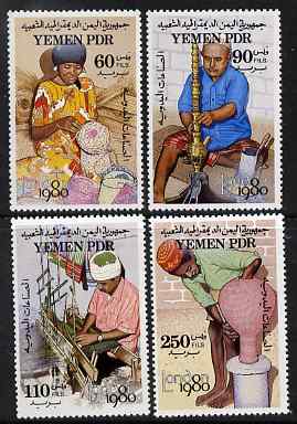 Yemen - Republic 1980 London 1980 - handicrafts perf set of 4 unmounted mint, SG 240-43, stamps on , stamps on  stamps on stamp exhibitions, stamps on  stamps on pottery, stamps on  stamps on crafts, stamps on  stamps on basket making, stamps on  stamps on weaving, stamps on  stamps on looms, stamps on  stamps on smoking