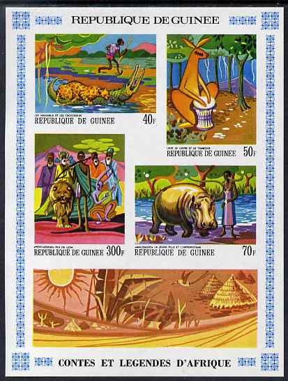 Guinea - Conakry 1968 Paintings of African Legends #2 imperf m/sheet unmounted mint SG MS 657, stamps on , stamps on  stamps on arts, stamps on  stamps on legends, stamps on  stamps on myths, stamps on  stamps on animals, stamps on  stamps on crocodiles, stamps on  stamps on hippos, stamps on  stamps on lions