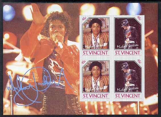St Vincent 1985 Michael Jackson m/sheet containg 4 x 45c values imperf from limited printing unmounted mint as SG MS 948a, stamps on music, stamps on personalities, stamps on pops, stamps on rock