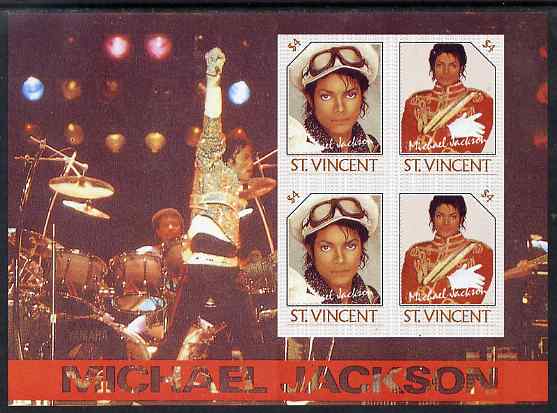 St Vincent 1985 Michael Jackson m/sheet containg 4 x $4.00 values imperf from limited printing unmounted mint as SG MS 948d, stamps on , stamps on  stamps on music, stamps on  stamps on personalities, stamps on  stamps on pops, stamps on  stamps on rock