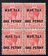 Gold Coast 1918 War Tax KG5 1d on 1d red unmounted mint block of 4 SG 85, stamps on , stamps on  kg5 , stamps on 