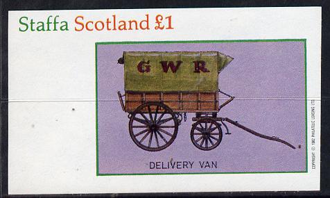Staffa 1982 Horse Drawn Wagons (GWR   Delivery Van) imperf souvenir sheet (£1 value) unmounted mint, stamps on railways    transport, stamps on horse-drawn, stamps on horses