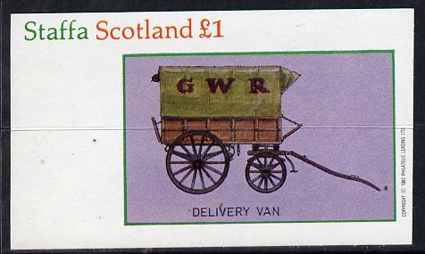 Staffa 1982 Horse Drawn Wagons (GWR   Delivery Van) imperf souvenir sheet (Â£1 value) unmounted mint, stamps on , stamps on  stamps on railways    transport, stamps on  stamps on horse-drawn, stamps on  stamps on horses