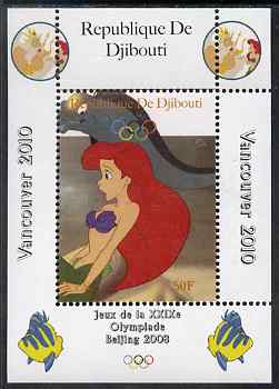 Djibouti 2008 Beijing & Vancouver Olympics - Disney - The Little Mermaid perf deluxe sheet #1 unmounted mint. Note this item is privately produced and is offered purely on its thematic appeal, stamps on olympics, stamps on disney, stamps on cartoons, stamps on films, stamps on cinema, stamps on movies, stamps on fairy tales, stamps on marine life