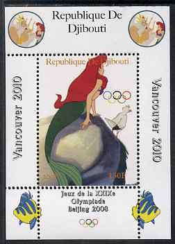 Djibouti 2008 Beijing & Vancouver Olympics - Disney - The Little Mermaid perf deluxe sheet #2 unmounted mint. Note this item is privately produced and is offered purely on its thematic appeal, stamps on olympics, stamps on disney, stamps on cartoons, stamps on films, stamps on cinema, stamps on movies, stamps on fairy tales, stamps on marine life