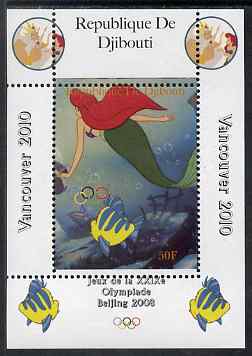 Djibouti 2008 Beijing & Vancouver Olympics - Disney - The Little Mermaid perf deluxe sheet #3 unmounted mint. Note this item is privately produced and is offered purely on its thematic appeal, stamps on olympics, stamps on disney, stamps on cartoons, stamps on films, stamps on cinema, stamps on movies, stamps on fairy tales, stamps on marine life