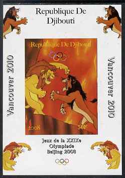 Djibouti 2008 Beijing & Vancouver Olympics - Disney - The Lion King imperf deluxe sheet #1 unmounted mint. Note this item is privately produced and is offered purely on its thematic appeal, stamps on , stamps on  stamps on olympics, stamps on  stamps on disney, stamps on  stamps on cartoons, stamps on  stamps on films, stamps on  stamps on cinema, stamps on  stamps on movies, stamps on  stamps on fairy tales, stamps on  stamps on cats, stamps on  stamps on lions