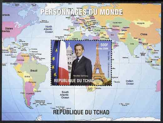 Chad 2009 World Personalities - Sarkozy & Eiffel Tower perf s/sheet unmounted mint. Note this item is privately produced and is offered purely on its thematic appeal. , stamps on , stamps on  stamps on personalities, stamps on  stamps on eiffel tower, stamps on  stamps on maps, stamps on  stamps on flags