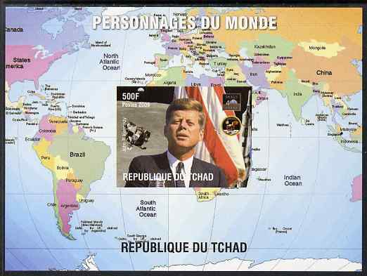Chad 2009 World Personalities - John F Kennedy imperf s/sheet unmounted mint. Note this item is privately produced and is offered purely on its thematic appeal. , stamps on , stamps on  stamps on personalities, stamps on  stamps on kennedy, stamps on  stamps on usa presidents, stamps on  stamps on americana, stamps on  stamps on maps, stamps on  stamps on flags