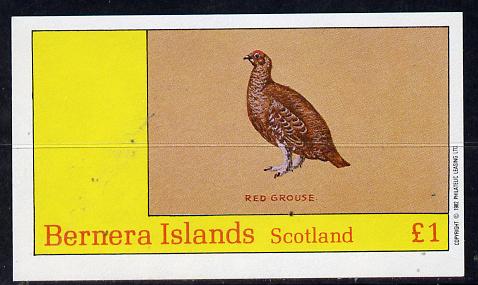 Bernera 1982 Birds #12 (Red Grouse) imperf souvenir sheet (£1 value) unmounted mint, stamps on birds
