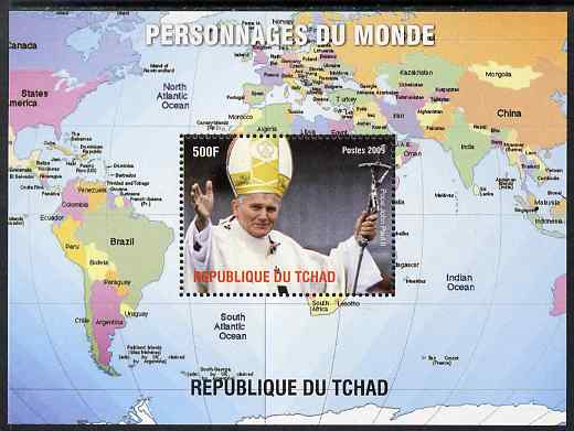Chad 2009 World Personalities - The Pope perf s/sheet unmounted mint. Note this item is privately produced and is offered purely on its thematic appeal. , stamps on , stamps on  stamps on personalities, stamps on  stamps on pope, stamps on  stamps on religion, stamps on  stamps on popes, stamps on  stamps on maps, stamps on  stamps on flags