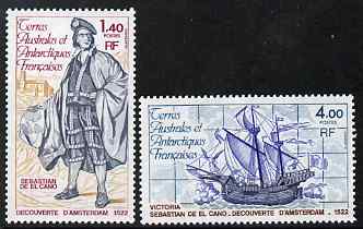 French Southern & Antarctic Territories 1980 Sebastian de El Cano (Discoverer of Amsterdam Is) perf set of 2 unmounted mint SG 141-2, stamps on personalities, stamps on polar, stamps on explorers, stamps on ships