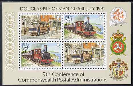 Isle of Man 1991 Commonwealth Postal Administration Conference (Loco & Tram) m/sheet unmounted mint, SG MS 484, stamps on , stamps on  stamps on postal, stamps on  stamps on railways, stamps on  stamps on trams, stamps on  stamps on arms, stamps on  stamps on heraldry