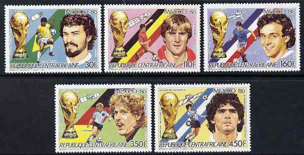 Central African Republic 1986 Football World Cup perf set of 5 unmounted mint SG 1215-18, stamps on football