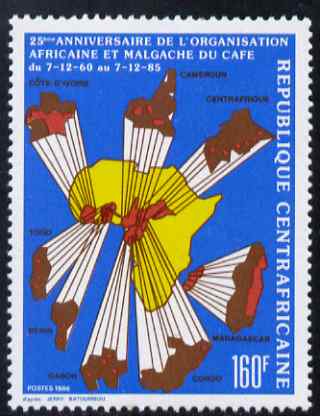 Central African Republic 1986 25th Anniversary of Coffee Producers 160f unmounted mint SG 1214, stamps on drinks, stamps on coffee, stamps on maps