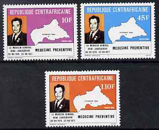 Central African Republic 1985 8th Death Anniversary of General Doctor Labusquiere perf set of 3 unmounted mint SG 1139-41, stamps on , stamps on  stamps on personalities, stamps on  stamps on maps