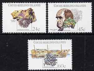 Cocos (Keeling) Islands 1981 150th Anniversary of Darwin's Visit perf set of 3 unmounted mint, SG 75-77, stamps on , stamps on  stamps on personalities, stamps on  stamps on marine life, stamps on  stamps on corals, stamps on  stamps on darwin