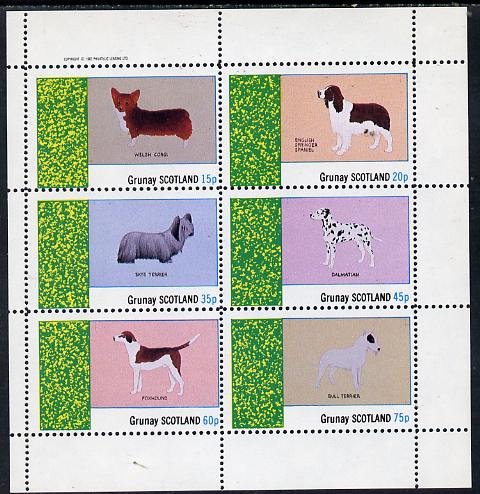 Grunay 1982 Dogs (Corgi, Dalmation, Bull Terrier etc) perf set of 6 values (15p to 75p) unmounted mint, stamps on , stamps on  stamps on animals    dogs     corgi     dalmation     terrier    spaniel   fox-hound