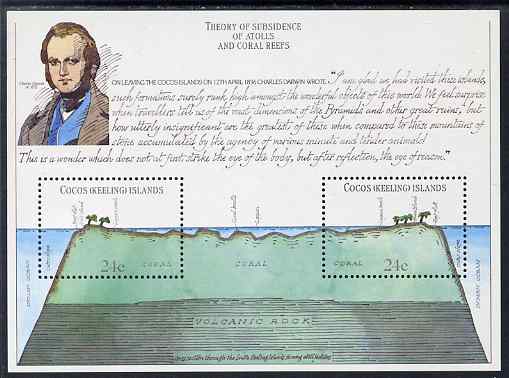 Cocos (Keeling) Islands 1981 150th Anniversary of Darwin's Visit perf m/sheet unmounted mint, SG MS78, stamps on , stamps on  stamps on personalities, stamps on  stamps on corals, stamps on  stamps on geology, stamps on  stamps on volcanoes, stamps on  stamps on darwin