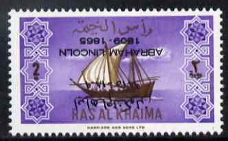 Ras Al Khaima 1965 Ships 2r with Abraham Lincoln overprint inverted, unmounted mint, SG 19var, stamps on , stamps on  stamps on constitutions, stamps on  stamps on personalities, stamps on  stamps on ships, stamps on  stamps on usa presidents, stamps on  stamps on americana, stamps on  stamps on lincoln