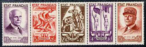 France 1943 National Relief Fund strip of 5 lightly mounted mint (3 stamps u/m) SG 784a, stamps on constitutions