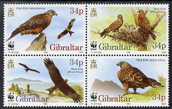 Gibraltar 1996 WWF - The Red Kite perf set of 4 in se-tenant block unmounted mint, SG 784-7, stamps on birds, stamps on birds of prey, stamps on kites