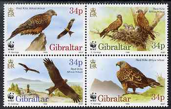 Gibraltar 1996 WWF - The Red Kite perf set of 4 in se-tenant block unmounted mint, SG 784-7, stamps on , stamps on  stamps on birds, stamps on  stamps on birds of prey, stamps on  stamps on kites