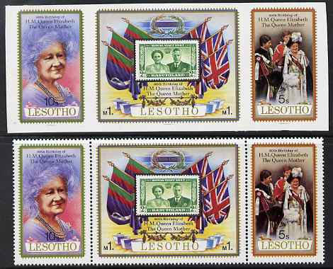 Lesotho 1980 Queen Mothers 80th Birthday imperf se-tenant proof strip of 3 as issued but with designers name under each stamp, plus issued strip both unmounted mint but i..., stamps on stamp on stamp, stamps on royalty, stamps on queen mother, stamps on 80th, stamps on stamponstamp