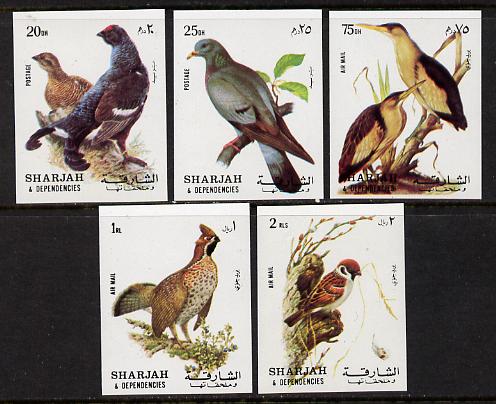 Sharjah 1972 Birds #1 imperf set of 5 unmounted mint, Mi 1036-40B, stamps on birds      grouse     dove    bittern    sparrow    game