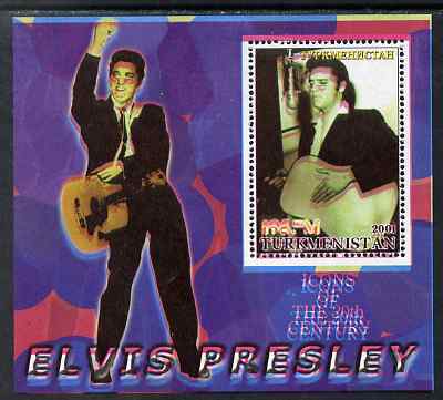 Turkmenistan 2001 Icons of the 20th Century - Elvis Presley perf s/sheet #2 with superb misplacement of magenta giving a spectacular double impression, unmounted mint, stamps on personalities, stamps on elvis, stamps on music, stamps on films, stamps on cinema, stamps on films, stamps on movies