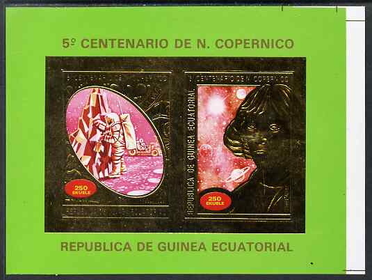 Equatorial Guinea 1974 500th Birth Anniversary of Copernicus imperf proof of 2 x 250E m/sheet in gold showing Man on Moon & Copernicus, from uncut proof sheet printed with the blue colour omitted, unmounted mint as Michel BL 104, stamps on , stamps on  stamps on space, stamps on  stamps on personalities, stamps on  stamps on copernicus, stamps on  stamps on science, stamps on  stamps on apollo