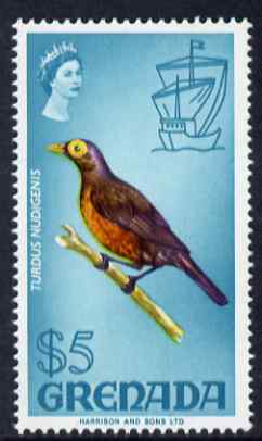 Grenada 1968 Bare-eyed Thrush $5 unmounted mint SG 321, stamps on birds
